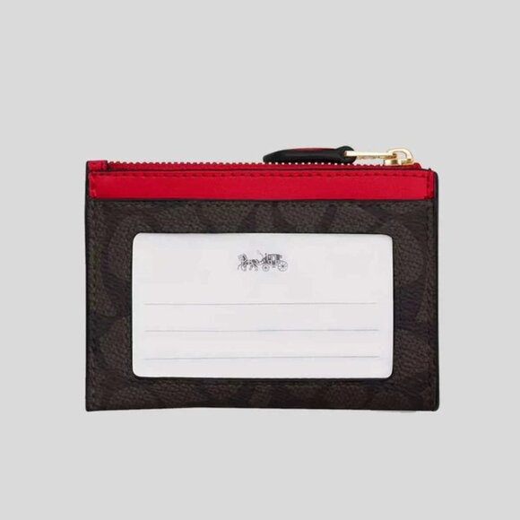 Coach Mini Skinny Id Case Signature Canvas Gold Walnut Bold Red - Picture 3 of 6